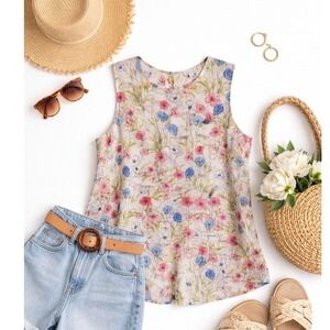 J.Jill Love Linen Floral Sleeveless Button Back Top Red Blue Pink Women Medium